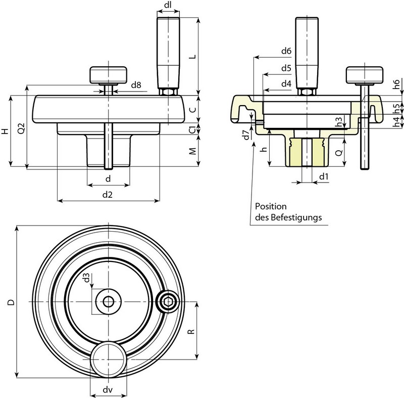 Leschhorn K903 Scheibenhandräder mit Griff und Feststellschraube für Positionsanzeigen  D 175; d5 87 (S80/1); d1 16 H7 - Boteco K903 Speichenhandraeder mit Griff fuer Positionsanzeigen