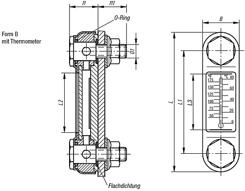 Norelem 28000-212712 ÖLSTANDSANZEIGER, D1=M12, L=127, FORM B - Norelem 28000-B Oelstandsanzeiger Form B