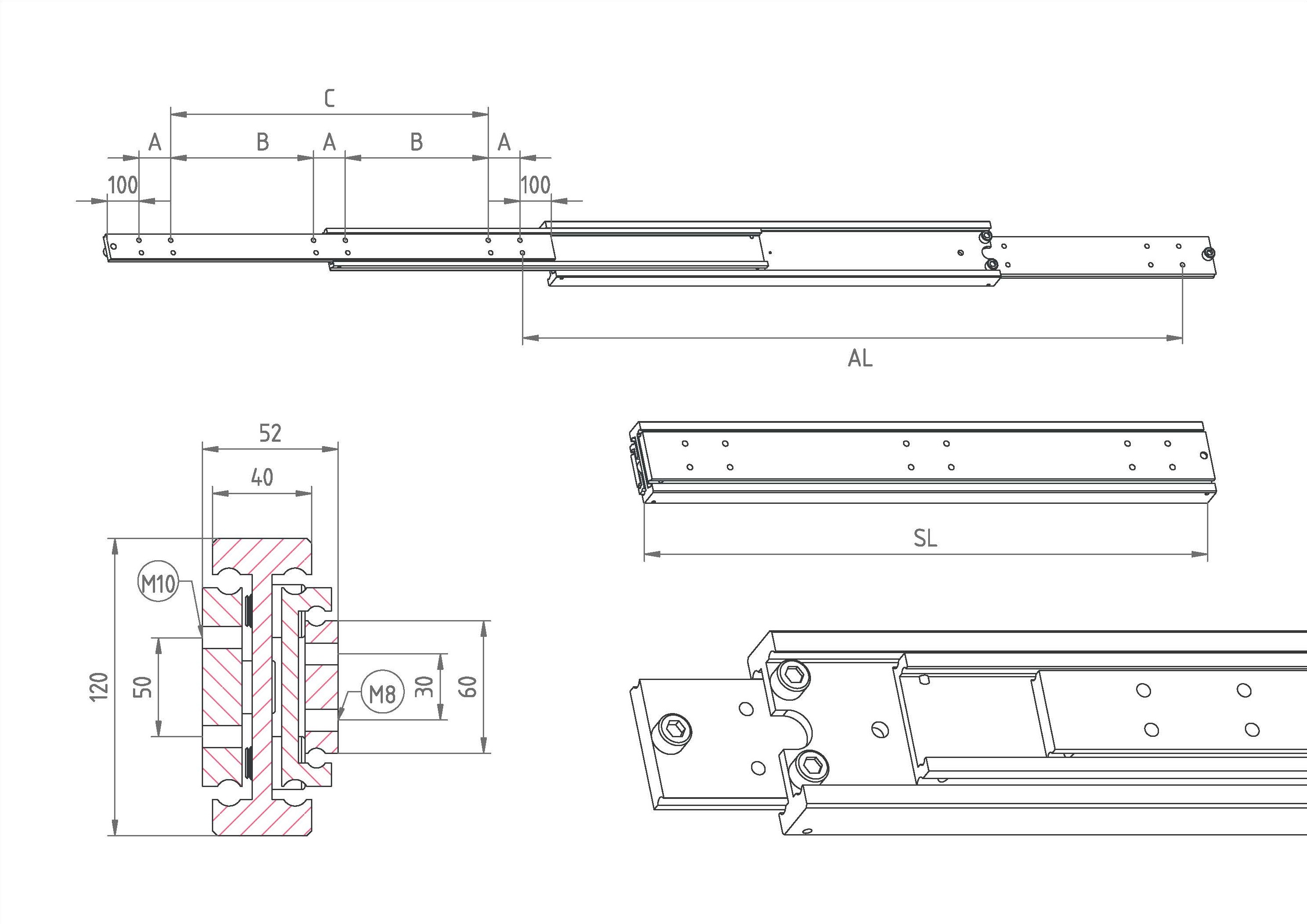 Leschhorn HPTCU 12052-0500-GG-ST Hochpräzise Schwerlast-Teleskopschienen, TC-Profil 120x52, Überauszug 150%, A=750, GG: Gewinde M8/Gewinde M10, Lastwert 620kg, Stahl verzinkt - LE HPTCU-12052 Technische Zeichnung
