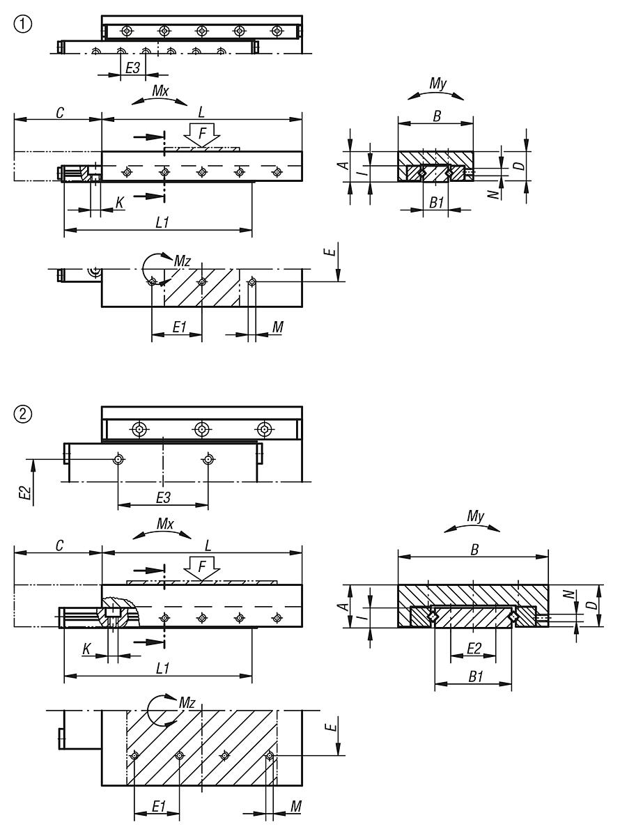 Norelem 21035-040055 MINI SCHLITTENFÜHRUNG, ROLLENGELAGERT, B=40, L=55 - NLM 21035 Mini Schlittenfuehrungen  rollengelagert - Massblatt