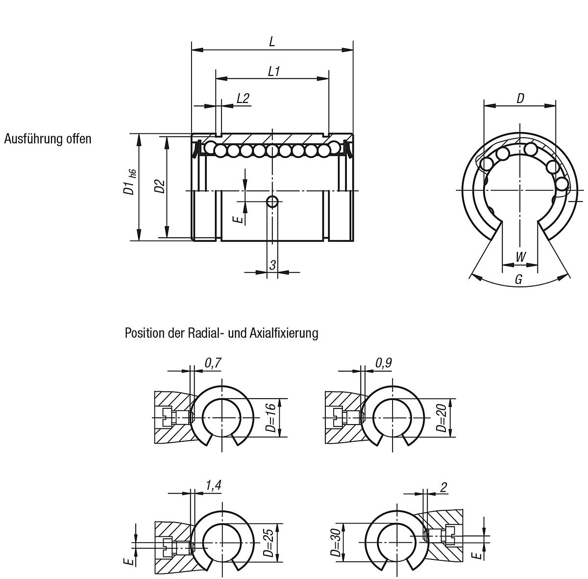 Norelem 21500-2012 LINEARKUGELLAGER OFFEN D=20, MIT KUNSTSTOFFKÄFIG - NLM 21500-AO Linearkugellager mit Kunststoffkaefig - offen - Massblatt