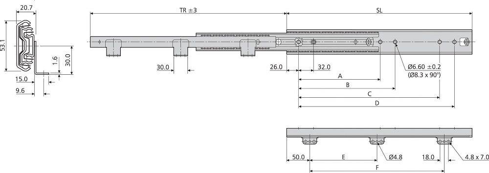 Accuride DZ5321-6045 Teleskopschienen 100% Überauszug, 53,1x20,7, SL 450, TR 473,5, 120kg, hell verzinkt - 5321-60 Accuride Teleskopschiene mit Winkel - Technische Zeichnung