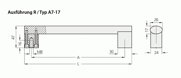 Leschhorn A7-13-F100-N33 Rohrgriffe frontseitigen Anschrauben A 100, Schenkel natur, Edelstahlsteg, - Griff aus Einzelelementen, komplett montiert - LE A7-17 Edelstahl Rohrgriffe - rueckseitiges Anschrauben - Massblatt