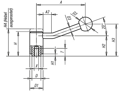 Kipp K0108.4161 SPANNHEBEL GR.4, M16,  20?, - KIPP K0108-20 Spannhebel mit Innengewinde - 20 Grad