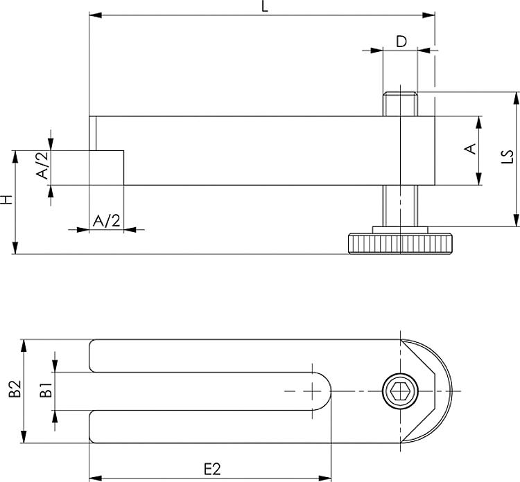 AMF 6315V-10 Spanneisen abgesetzt, mit verstellbarer Stützschraube, für Spannschraube: M10, D x LS: M10x39, A: 20 - LE 6315V Spanneisen abgesetzt - mit verstellbarerStuetzschraube-Skizze