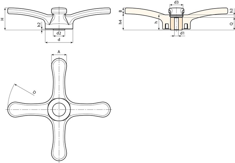 Leschhorn D454 Handräder mit vier Armen D 308; d 83; Bohrung d1 5; Kunststoff PA, schwarz - Boteco D454 Handrad mit vier Armen
