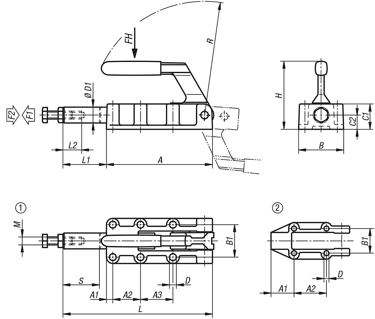 Norelem 05840-06001 SCHUBSTANGENSPANNER, SCHWERE AUSFÜHRUNG, P=600 d - NLM 05840 Schubstangenspanner  schwere Ausfuehrung mit Handgriff - blau - Massblatt