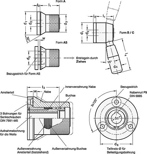 Ganter 200-52-K14-C ARRETIERELEMENT MIT ZWEI VERSTELLHEBELN - GN 200 Arretierelemente - Stahl-Skizze