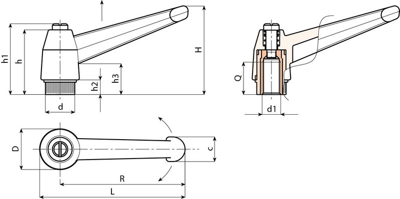 Leschhorn A522 verstellbare Klemmhebel  R 104; Innengewinde M14; orange - Boteco A522 Verstellbare Klemmhebel