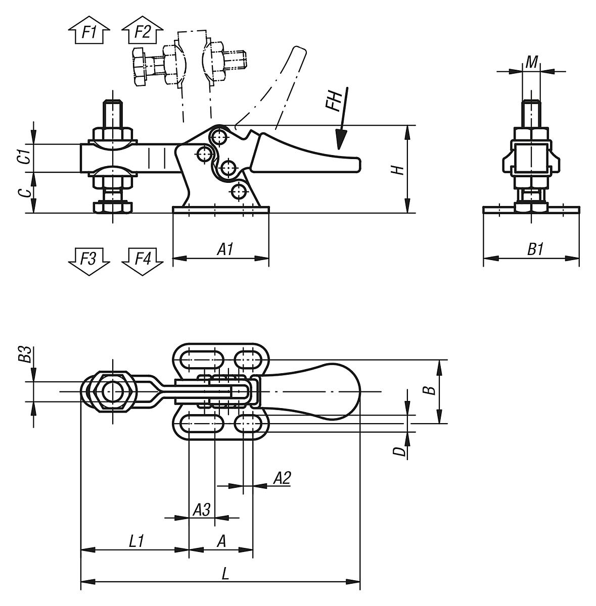Kipp K0069.0050 MINISCHNELLSPANNER HORIZONTAL, MIT WAAGRECHTEM FUSS, P=50 da - K0069 Minischnellspanner horizontal mit waagrechtem Fuss und verstellbarer Andruckspindel-Massblatt