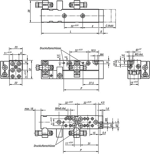 Norelem 20032-4035 LINEARMODUL PNEUMATISCH GR.4,C=35, MIT SCHIENENFÜHRUNG - Norelem 20032 Linearmodule pneumatisch mit Schienenfuehrung