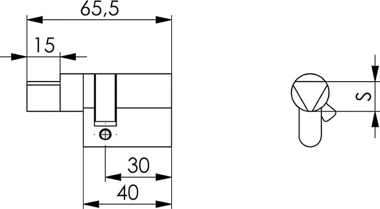 AMF 55D-15 Dreikant-Halbzylinder, S: 15 mm - LE 55D Dreikant-Halbzylinder-Skizze
