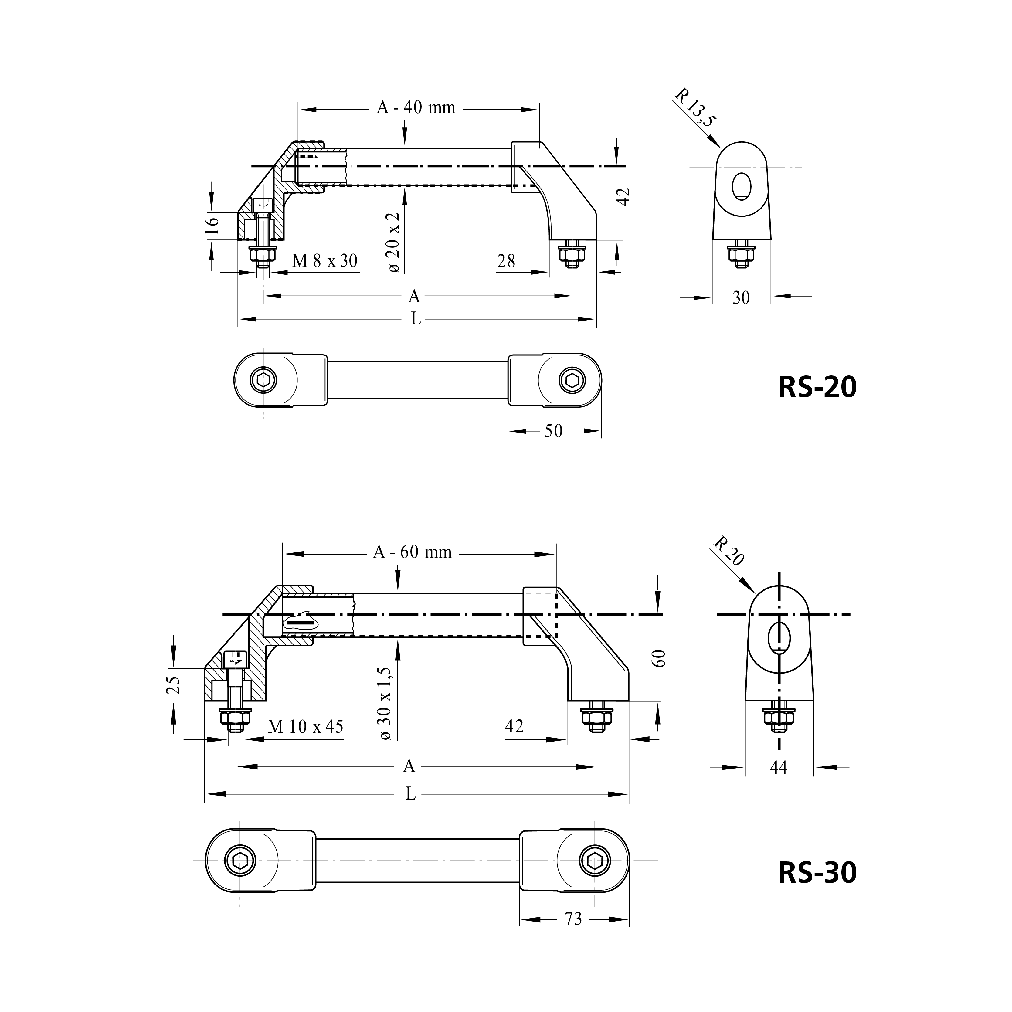 Leschhorn KRS-30-250-S84 Bügelgriffe Kunststoff POM, A 250, Griffsteg schwarz, Griffschenkel halbmatt, frontseitigen Anschrauben - LE KRRS Buegelgriffe - RS-30 Massblatt