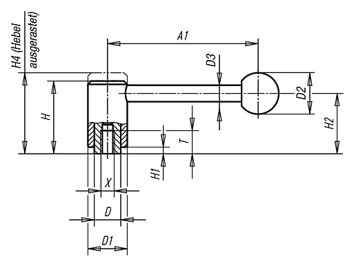 Kipp K0108.1082 SPANNHEBEL GR.1, M8,  0?, - KIPP K0108-0 Spannhebel mit Innengewinde - 0 Grad
