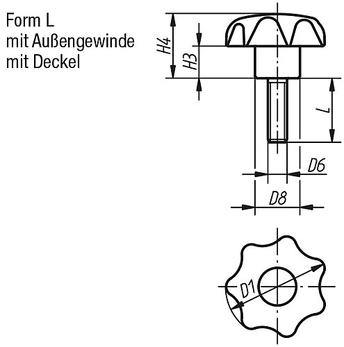Norelem 06220-406X50 STERNGRIFF D1=25  M6X50, FORM L, DECKEL SCHWARZ - Norelem 06220-L Sterngriffe aehnlich DIN 6336 - Aussengewinde - Form L