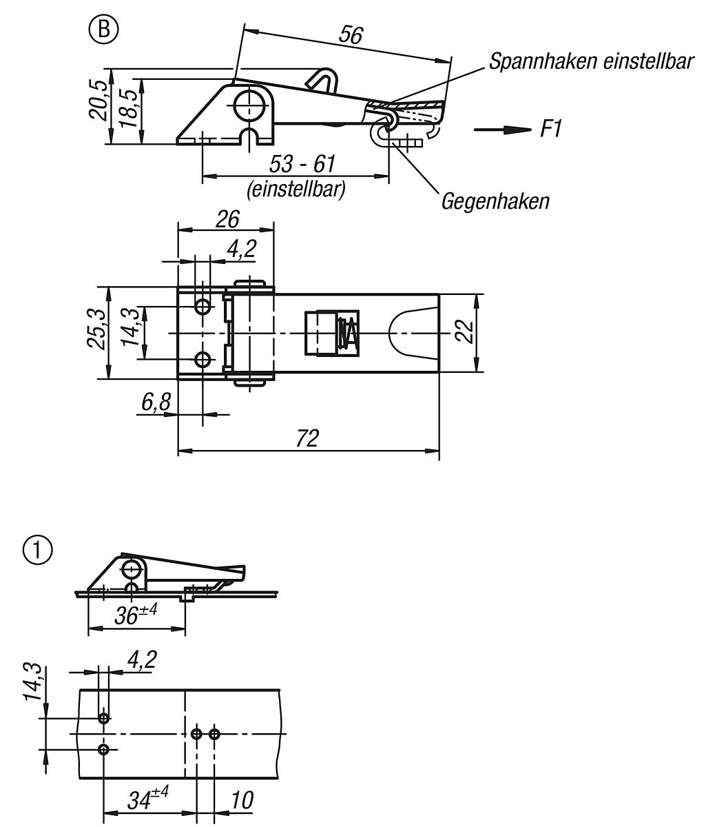 Kipp K0046.2420721 SPANNVERSCHLUSS EINSTELLBAR, FORM B, STAHL - K0046-SVB Spannverschluesse einstellbar Anschraubbohrungen sichtbar Form B - Massblatt