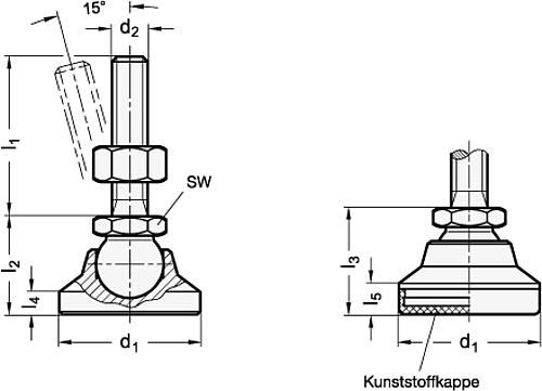 Ganter 343.2-25-M10-50-KR Gelenkfüße mit Verstellspindel, Stahl - GN-343-2-Gelenkfuesse-Stahl-mit-Verstellspindel-Skizze
