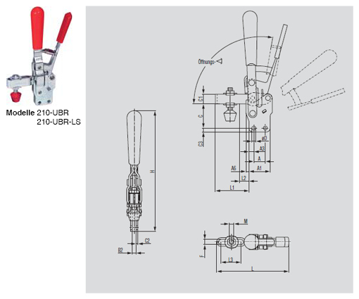 DESTACO 210-TUB Vertikal-Kniehebelspanner Haltekraft 2800 N - 3400 N, Öffnungswinkel 105° - 210-UBR 210-UBR-LS Vertikalspanner - U-Spannarm - Fuss gerade - ohne Spindel - mit Zusatzverriegelung