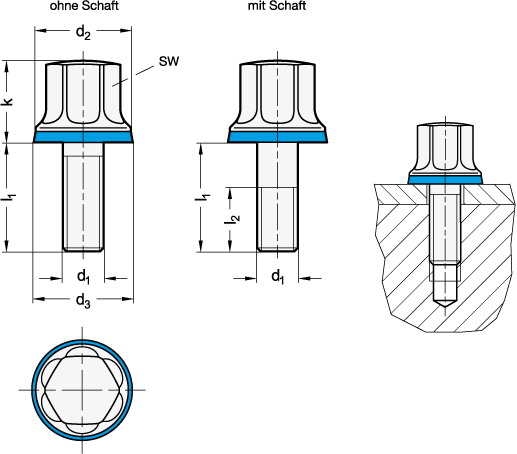 Ganter 1580-M10-20-MT-F  Schrauben, Edelstahl, Hygienic Design, Gewinde d1: M 10, Länge l1 (ohne Schaft): 20, Oberfläche: MT - mattiert (Ra < 0,8 µm) - GN 1580 Schrauben - Edelstahl - Hygienic Design - Massblatt