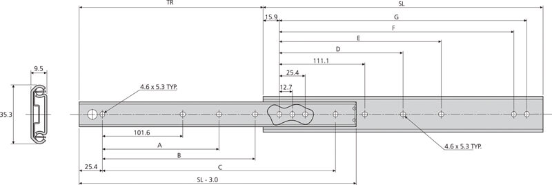 Accuride DZ0201-0018 Teleskopschienen 75% Teilauszug, 9,5x35,3, SL 457, TR 328, 45kg, hell verzinkt - 0201 Accuride Teleskopschiene technische Zeichnung
