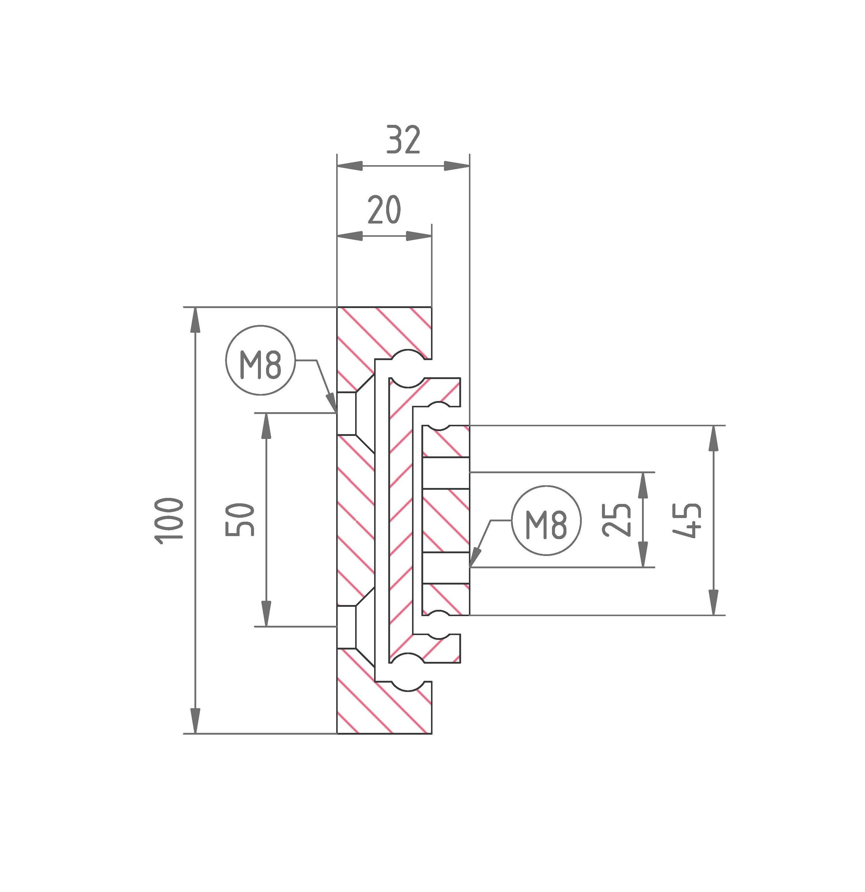 Leschhorn HP2CVD 10032-0300-GS-ST Hochpräzise Schwerlast-Teleskopschienen, 2C-Profil 100x32, Vollauszug, Zweiwege, A=300, GS: Gewinde M8/Senkbohrung für M8, Lastwert 820kg, Stahl verzinkt - LE HP2CVD-10032 Profilquerschnitt