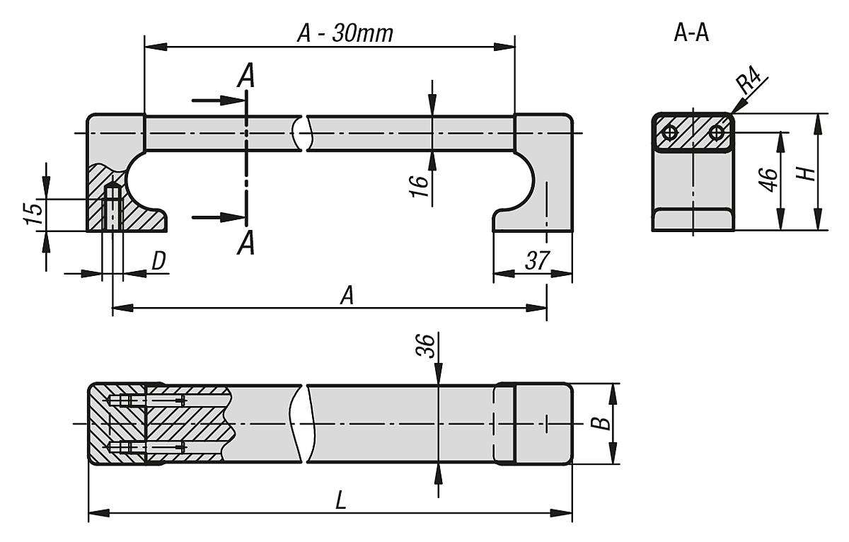 Norelem 06944-250081 MASCHINENGRIFF, A=250, SCHWARZ ELOXIERT - NLM 06944 Maschinengriffe - Massblatt