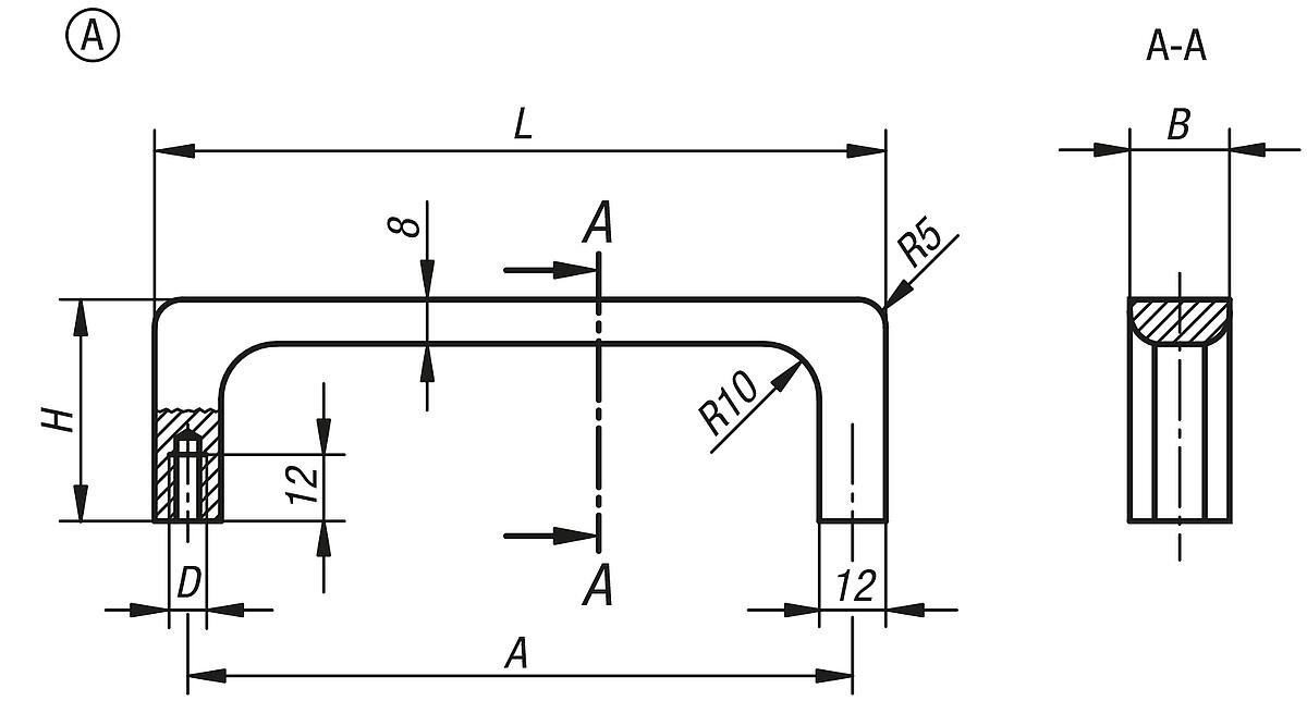 Kipp K0213.12003 GERÄTEGRIFF FORM A, A=120, M6, NATURFARBEN ELOXIERT - K0213-A Geraetegriffe - Form A - Massblatt