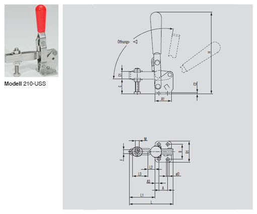DESTACO 210-TUB Vertikal-Kniehebelspanner Haltekraft 2800 N - 3400 N, Öffnungswinkel 105° - 210-USS Vertikalspanner - U-Spannarm - Fuss abgewinkelt - Edelstahlausfuehrung