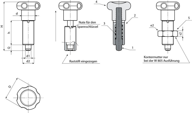 Leschhorn W804 Rastbolzen ohne Rastsperre D 22; H 45; d2 M10x1; d1 05; Schlüssel W807.05 - LE W804 Rastbolzen ohne Rastsperre - ohne Kontermutter-EcoLine-Massblatt