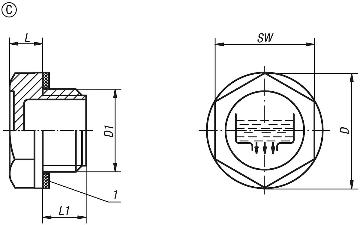 Norelem 28028-351114 SECHSKANT VERSCHLUSSSCHRAUBEN, D=51, D1=G 1 1/4, FORM C - NLM 28028-C Sechskant Verschlussschrauben Form C - Massblatt