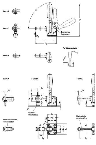 Ganter 810-70-A-NI EDELSTAHL VERTIKAL SPANNER - GN 810 Edelstahl Schnellspanner - Spannhebel vertikal - mit waagrechtem Fuss-Skizze