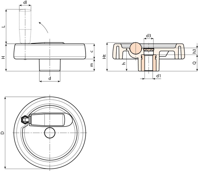 Leschhorn C199 Scheibenhandräder mit Umleggriff  D 80; Bohrung 10H7; d 25; schwarz - Boteco C199 Scheibenhandraeder mit Umleggriff
