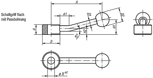 Norelem 06342-106 SCHALTGRIFF FLACH GR.1, PASSBOHRUNG 6H7 - Norelem 06342-PB Schaltgriffe flach mit Passbohrung