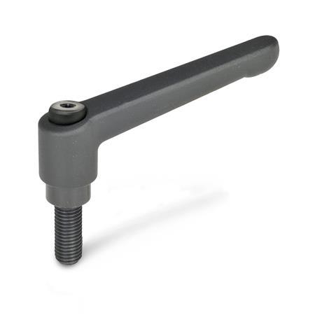 Ganter 300-45-M6-50-SW Verstellbare Klemmhebel, Zink Druckguss, Schraube Stahl brüniert - GN-300-Verstellbare-Klemmhebel-Zink-Druckguss-Einsatz-Stahl-brueniert-mit-Aussengewinde-SW-schwarz-R