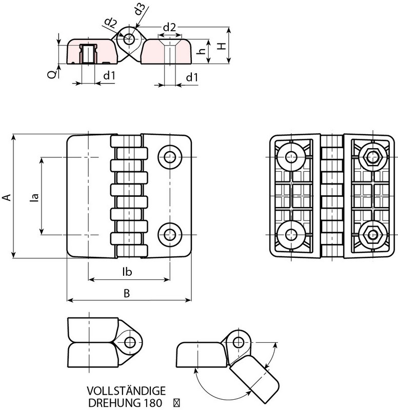 Leschhorn Scharniere  Ia 40; Ib 40; Gewinde d1 M6/D6,5; Kunststoff PA, schwarz, - Boteco O433 Scharniere