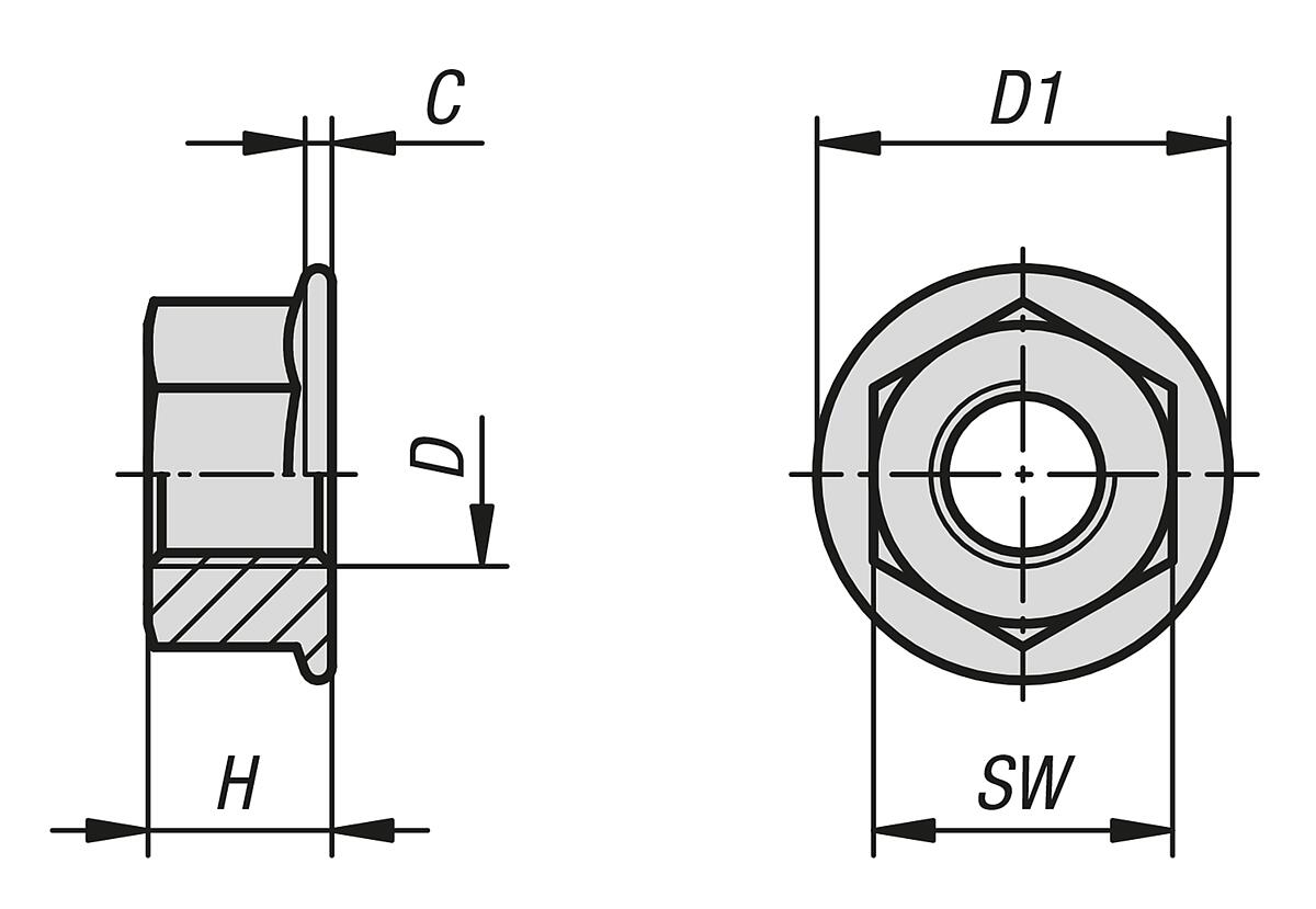 Norelem 07217-112 SECHSKANTMUTTER MIT FLANSCH EN1661 DIN6923, M12, SW=18, EDELSTAHL A2 BLANK - NLM 07217 Sechskantmuttern mit Flansch DIN 6923 - EN 1661 erweitert - Massblatt