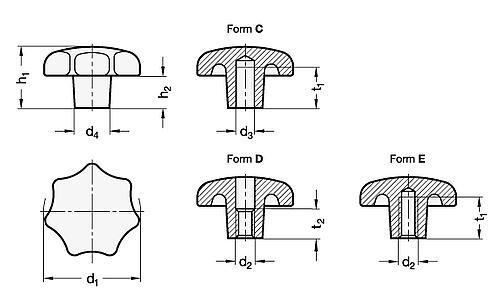 Ganter 6336-AL-50-M8-D-PL ALU STERNGRIFF, POLIERT - DIN 6336 Sterngriffe - Aluminium-Skizze