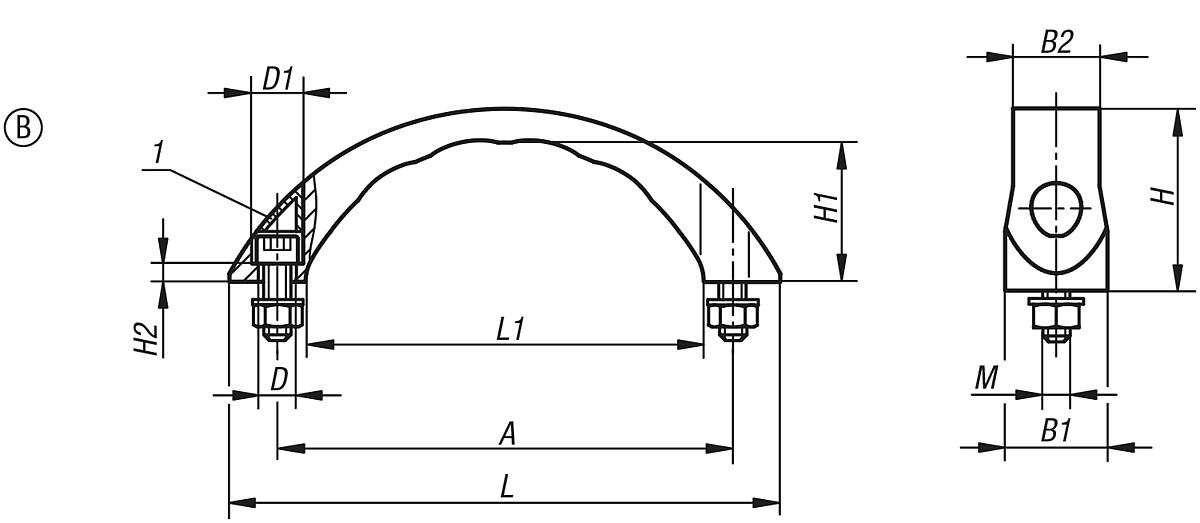 Kipp K0193.212006 BOGENGRIFF A=120, FORM B, MIT ABDECKKAPPEN - K0193-B Bogengriffe - Form B - Massblatt
