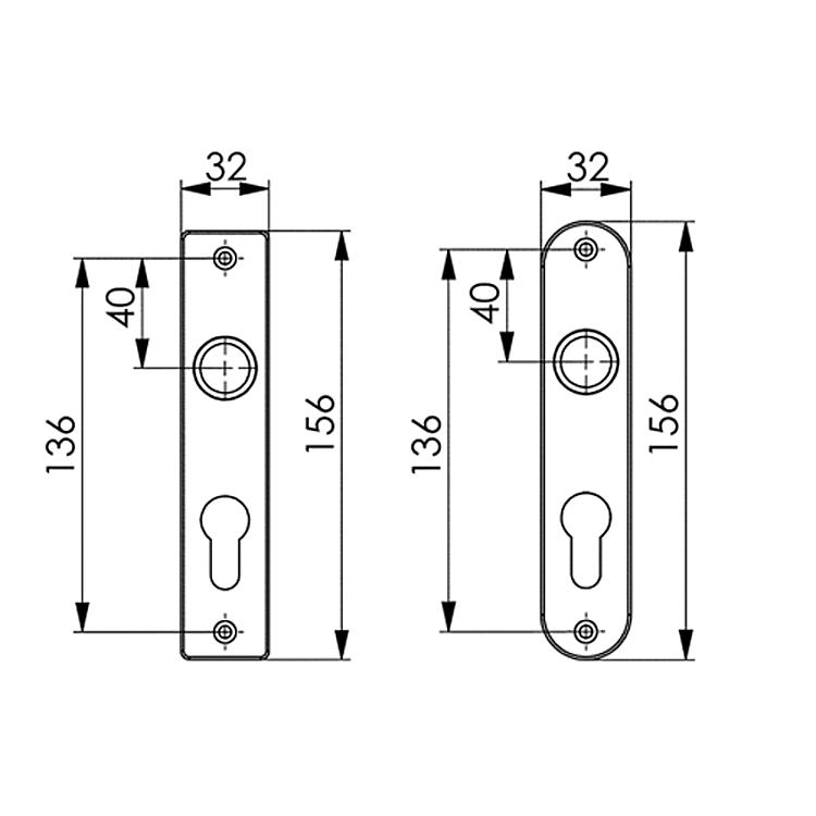 AMF 401ZE Zylinder-Kurzschild, Abmessung: 32 x 156 x 6 mm, Bohrung für Drückerbetätigung: Ja - LE 401Z Zylinder-Kurzschild -Skizze