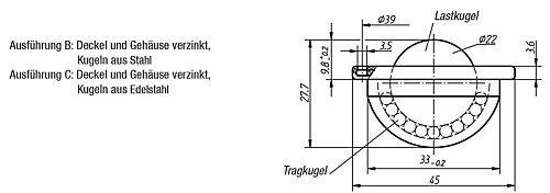 Norelem 95158-122 KUGELROLLE, FORM:B STAHL, KOMP:STAHL, D = 22 - Norelem 95158 Kugelrollen mit Befestigungsbohrungen - ohne Gehaeuse