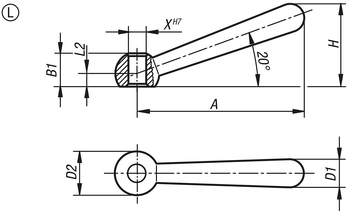 Norelem 06330-116 KEGELGRIFF DIN 99, FORM L, D4=16, L2=119 - NLM 06330-L Kegelgriffe DIN 99 - Form L - Massblatt