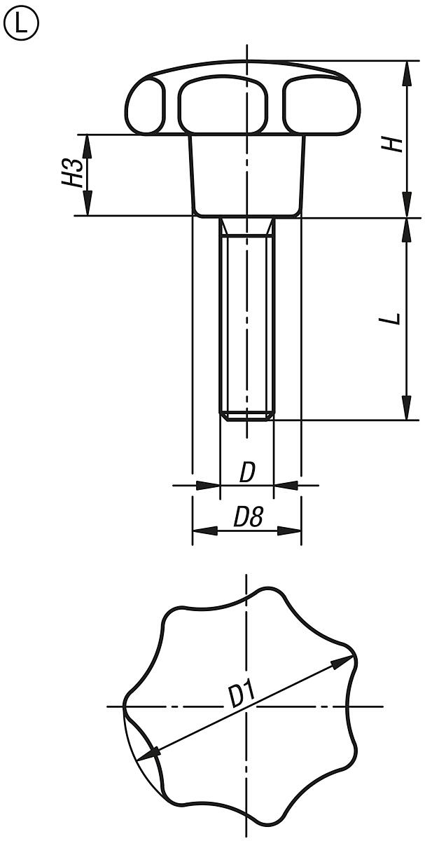 Norelem 06208-48016X60 STERNGRIFF D1=80  M16X60, FORM L, DUROPLAST - aehnlich DIN 6336 Form L - Sterngriff-Schrauben mit Aussengewinde - Massblatt