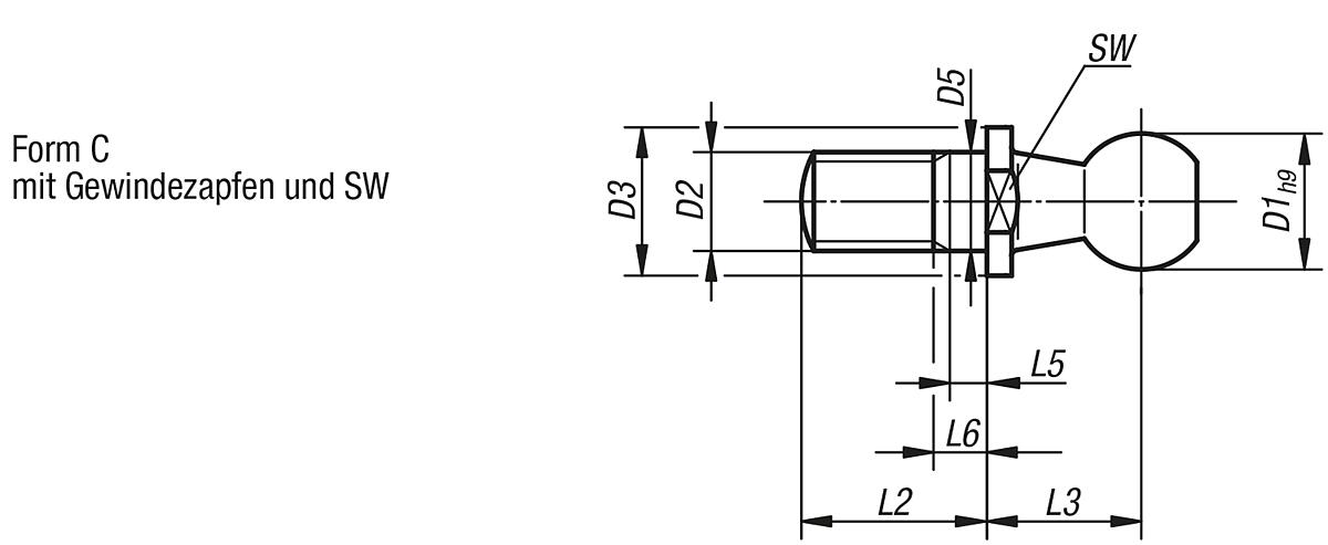 Norelem 27656-1006 KUGELZAPFEN F.WINKELGELENK FORM C, D1=10H9 - NLM 27656-C Kugelzapfen fuer Winkelgelenke DIN 71803 Form C - Massblatt