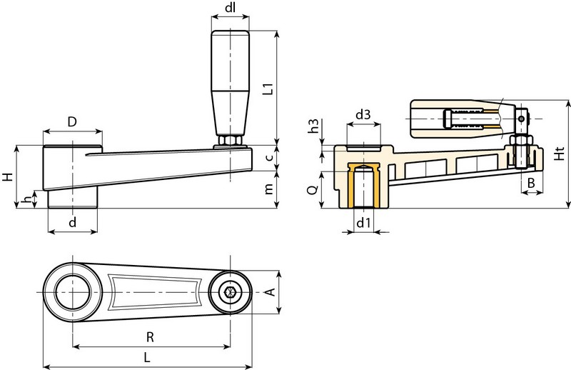 Leschhorn E217 Handkurbeln mit Umleggriff  L 88; R 65; Bohrung d1 D10; Kunststoff PA, schwarz, Gewindebuchse Messing - Boteco E217 Umleggriff-Handkurbeln