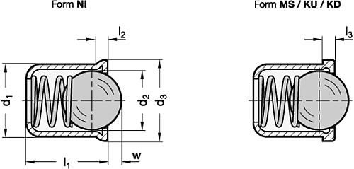 Ganter 614-10-KD FEDERNDES DRUCKSTÜCK, D E L R I N - GN 614 Federnde Druckstuecke zum Einpressen - mit Kugel-Skizze