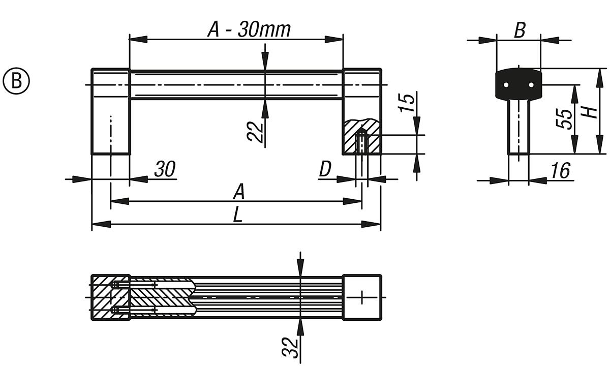 Kipp K0131.5000823 MASCHINENGRIFF FORM B, A=500, NATURFARBEN ELOXIERT - K0131-B Maschinengriffe - Form B - Massblatt