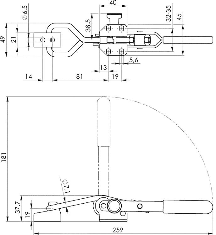 AMF 6847SU-3 Verschlussspanner mit Sicherheitsverriegelung, Größe : 3, F1: 3 kN - LE 6847SU Verschlussspanner mit Sicherheitsverriegelung -Skizze