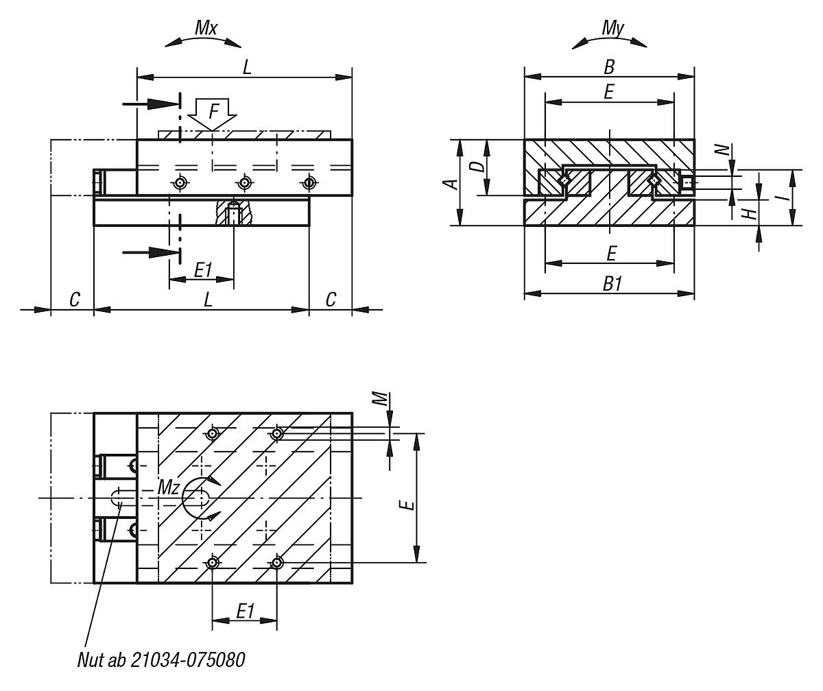 Norelem 21034-050055 PRÄZISIONS SCHLITTENFÜHRUNG, ROLLENGELAGERT, B=50, L=55 - NLM 21034 Praezisions Schlittenfuehrungen  rollengelagert - Massblatt