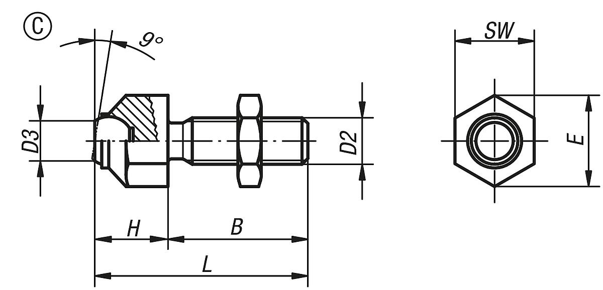Kipp K0287.112 PENDELAUFLAGE FORM C  M12, VERSTELLBAR - K0287-C Pendelauflagen verstellbar Form C - Massblatt