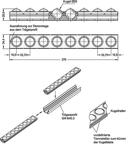 Ganter 646.2-270-POM Kugelleiste für Kugelschienen - GN 646-2 Kugelleiste fuer Kugelschienen-Skizze